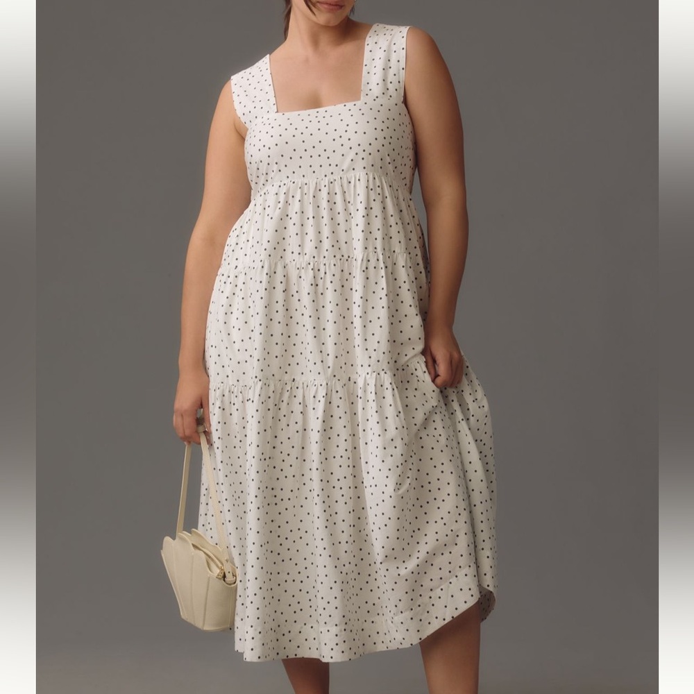 Anthropologie 1X Helena White & Black Polka Dot Tiered Babydoll Dress NWT